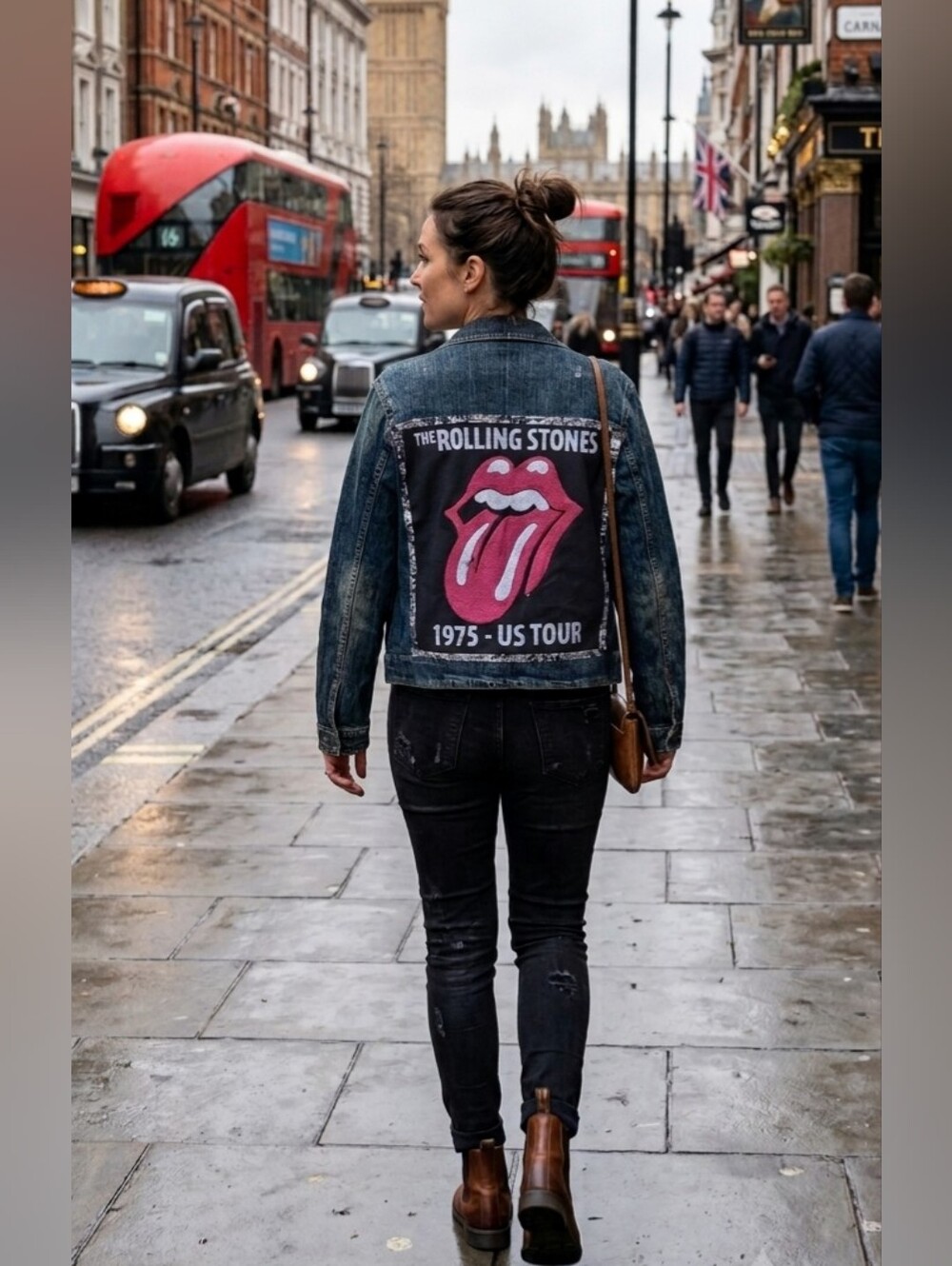 HAND CRAFTED Jacket UPCYCLED Blue Denim Embroidered Rolling Stones Tee Size L - Picture 2 of 13